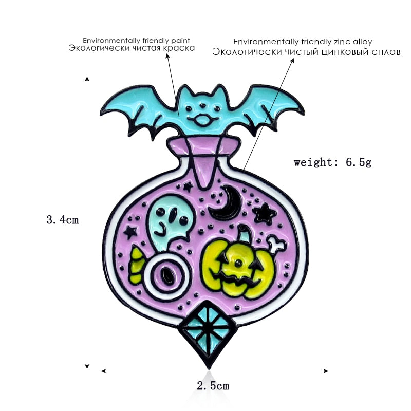 Halloween Pumpkin Ghost Metal Enamel Brooch Cute Cat Broom Moon Witch Coffee Cup Badge Pin Fun Trendy Costume Jewelry Gift BUDS