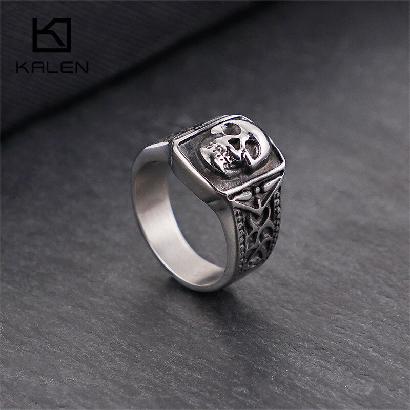 KALEN Punk Skull Rings For Men Size #8-12 Stainless Steel Gothic Skull Biker Rings High Quality Halloween Jewelry