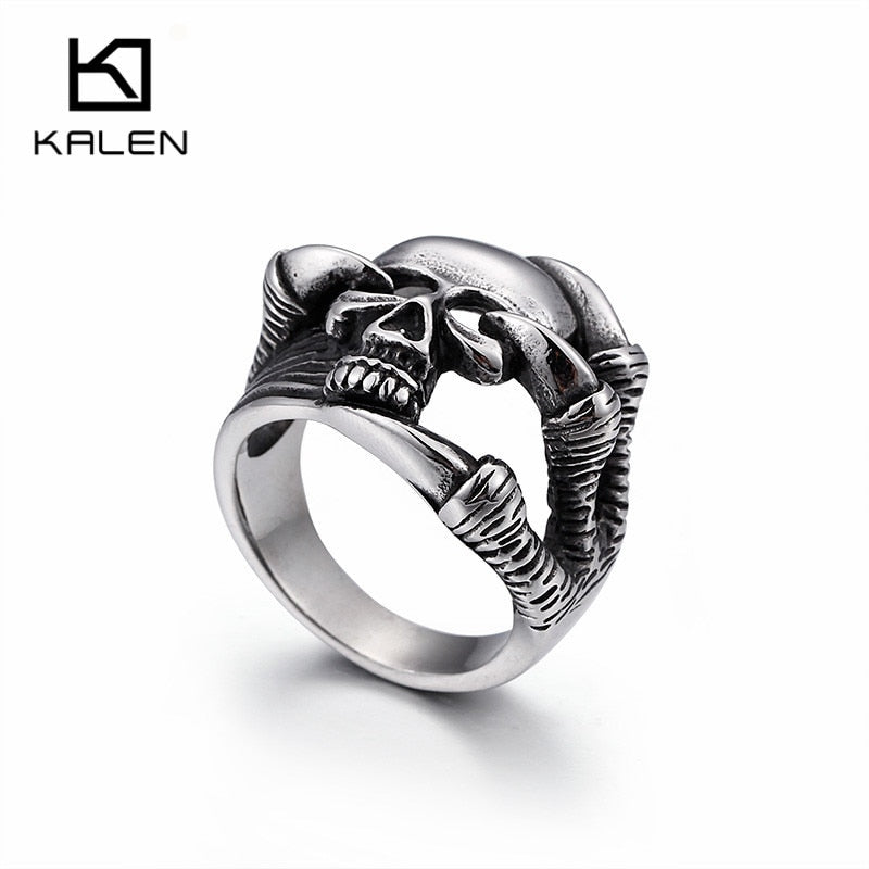 KALEN Punk Skull Rings For Men Size #8-12 Stainless Steel Gothic Skull Biker Rings High Quality Halloween Jewelry