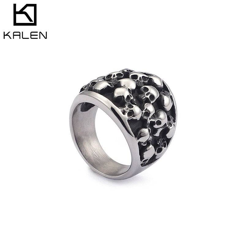 KALEN Punk Skull Rings For Men Size #8-12 Stainless Steel Gothic Skull Biker Rings High Quality Halloween Jewelry