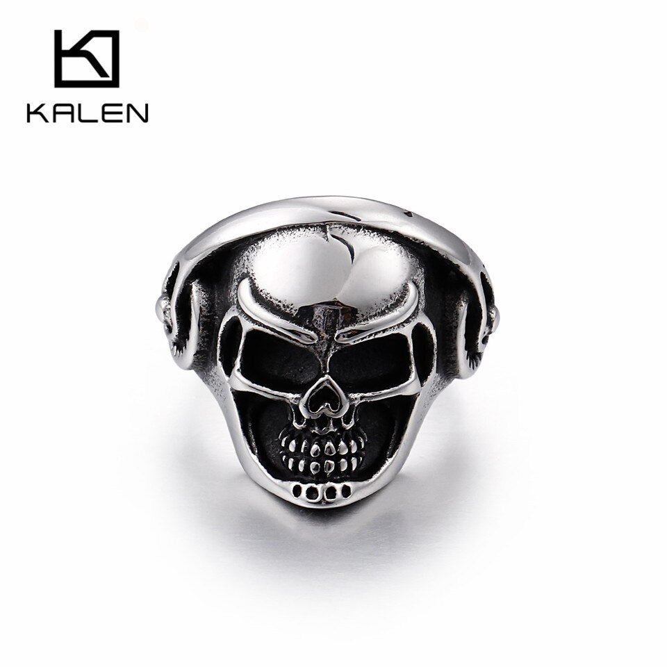 KALEN Punk Skull Rings For Men Size #8-12 Stainless Steel Gothic Skull Biker Rings High Quality Halloween Jewelry