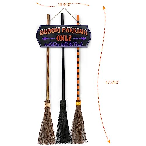 Halloween Decorations - Halloween Decor - Broom Parking Sign with 3 Wooden Witches Brooms - Hocus Pocus Cute Decoration Clearance for Front Porch Wall Home Office Indoor Outdoor