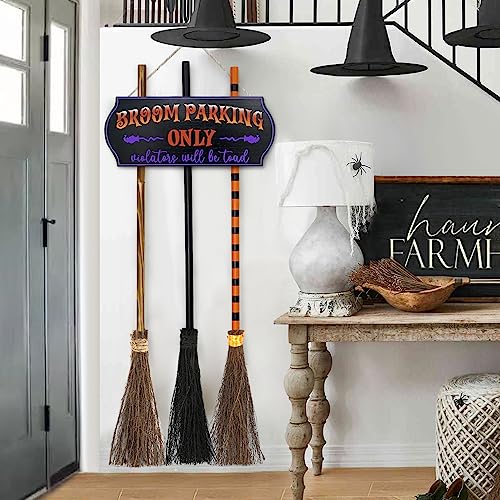 Halloween Decorations - Halloween Decor - Broom Parking Sign with 3 Wooden Witches Brooms - Hocus Pocus Cute Decoration Clearance for Front Porch Wall Home Office Indoor Outdoor