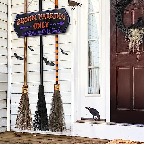 Halloween Decorations - Halloween Decor - Broom Parking Sign with 3 Wooden Witches Brooms - Hocus Pocus Cute Decoration Clearance for Front Porch Wall Home Office Indoor Outdoor