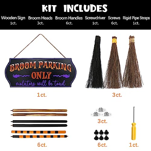 Halloween Decorations - Halloween Decor - Broom Parking Sign with 3 Wooden Witches Brooms - Hocus Pocus Cute Decoration Clearance for Front Porch Wall Home Office Indoor Outdoor