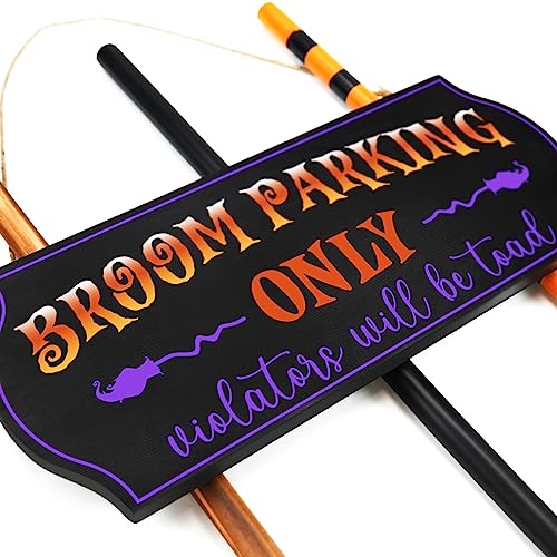 Halloween Decorations - Halloween Decor - Broom Parking Sign with 3 Wooden Witches Brooms - Hocus Pocus Cute Decoration Clearance for Front Porch Wall Home Office Indoor Outdoor