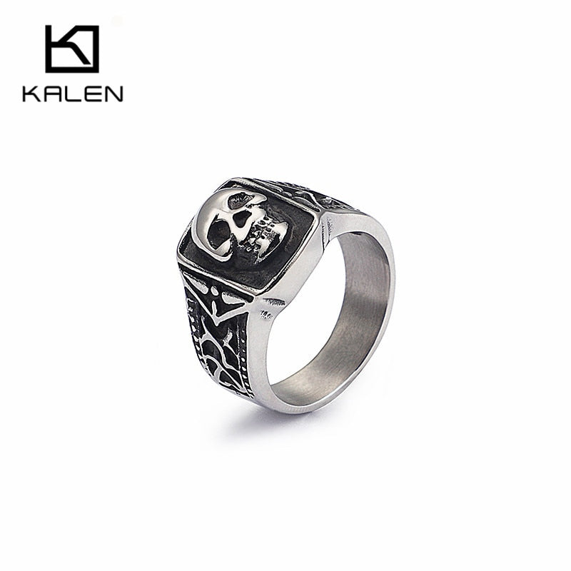 KALEN Punk Skull Rings For Men Size #8-12 Stainless Steel Gothic Skull Biker Rings High Quality Halloween Jewelry