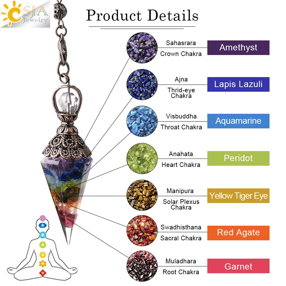 CSJA 7 Chakra Healing Crystals Pendulum for Dowsing Divination Quartz Natural Stone Pendulums Antique Reiki Pendant Pendulo G854