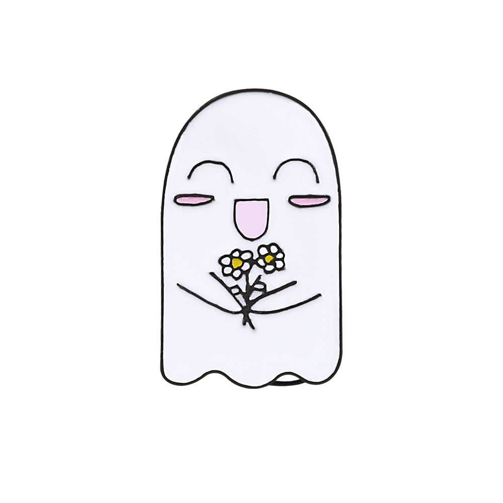 White Ghost Enamel Pin Cartoon Funny Ghost Brooches Denim Clothes Lapel Pins Badge Cute Halloween Party Jewelry Gifts For Friend