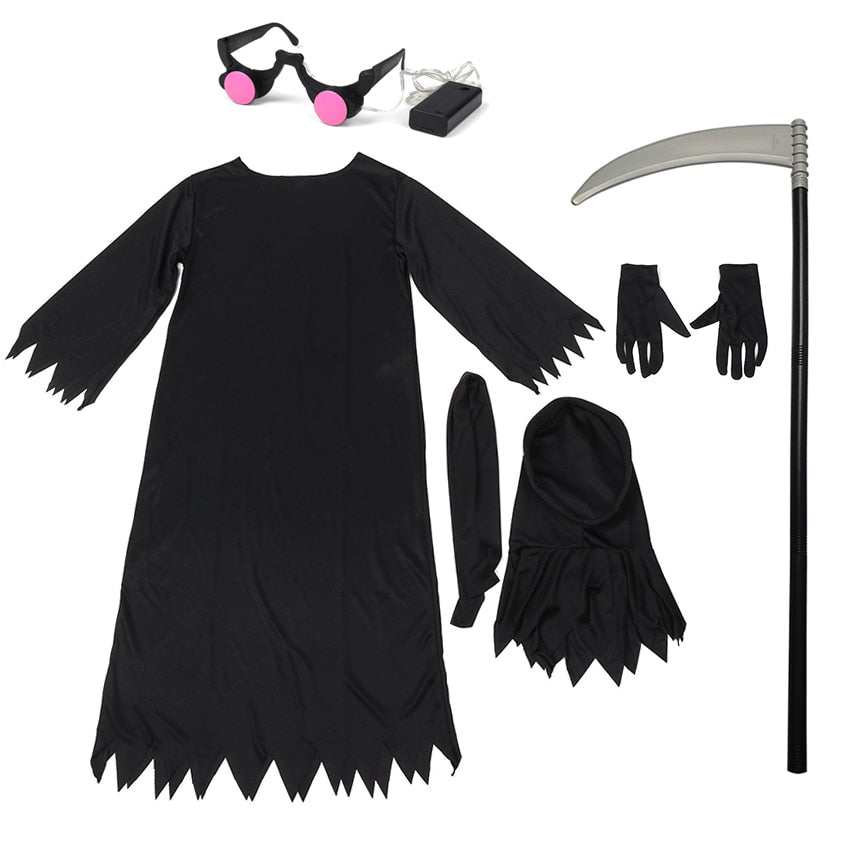 Grim Reaper Costumes Terror Luminous Eyes Death Hook Sickle Boys Cosplay Anime Children Halloween Costume for Kids Carnival Prop