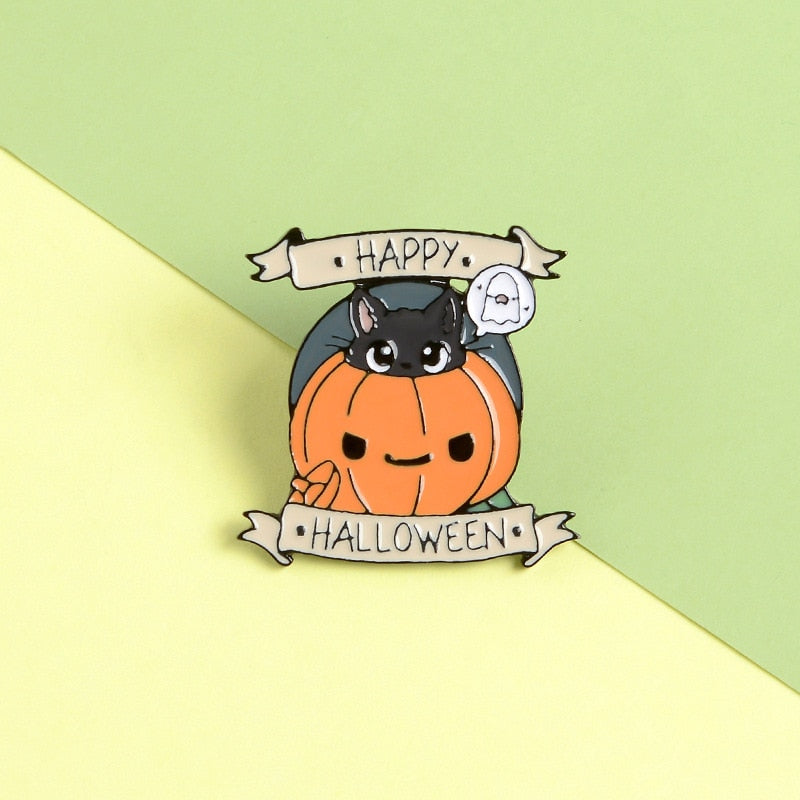 Halloween Pumpkin Ghost Metal Enamel Brooch Cute Cat Broom Moon Witch Coffee Cup Badge Pin Fun Trendy Costume Jewelry Gift BUDS