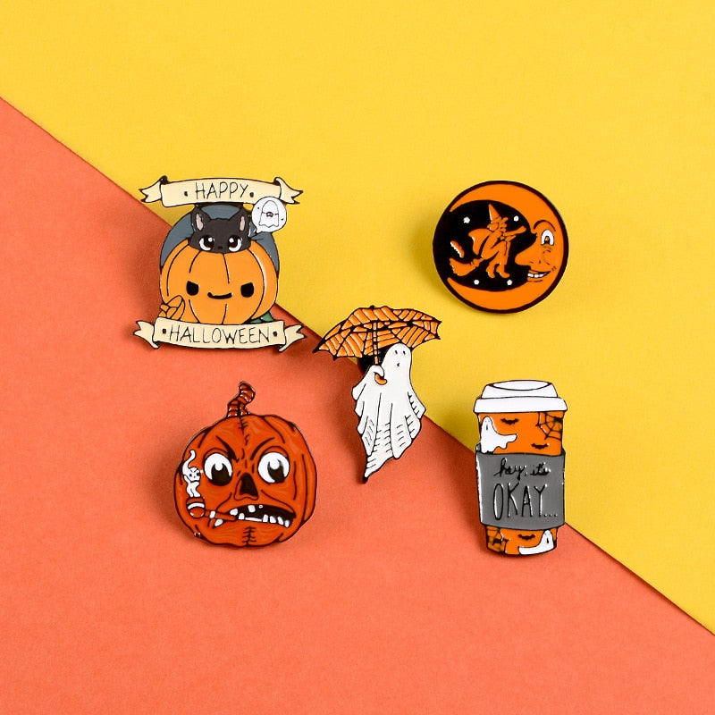 Halloween Pumpkin Ghost Metal Enamel Brooch Cute Cat Broom Moon Witch Coffee Cup Badge Pin Fun Trendy Costume Jewelry Gift BUDS