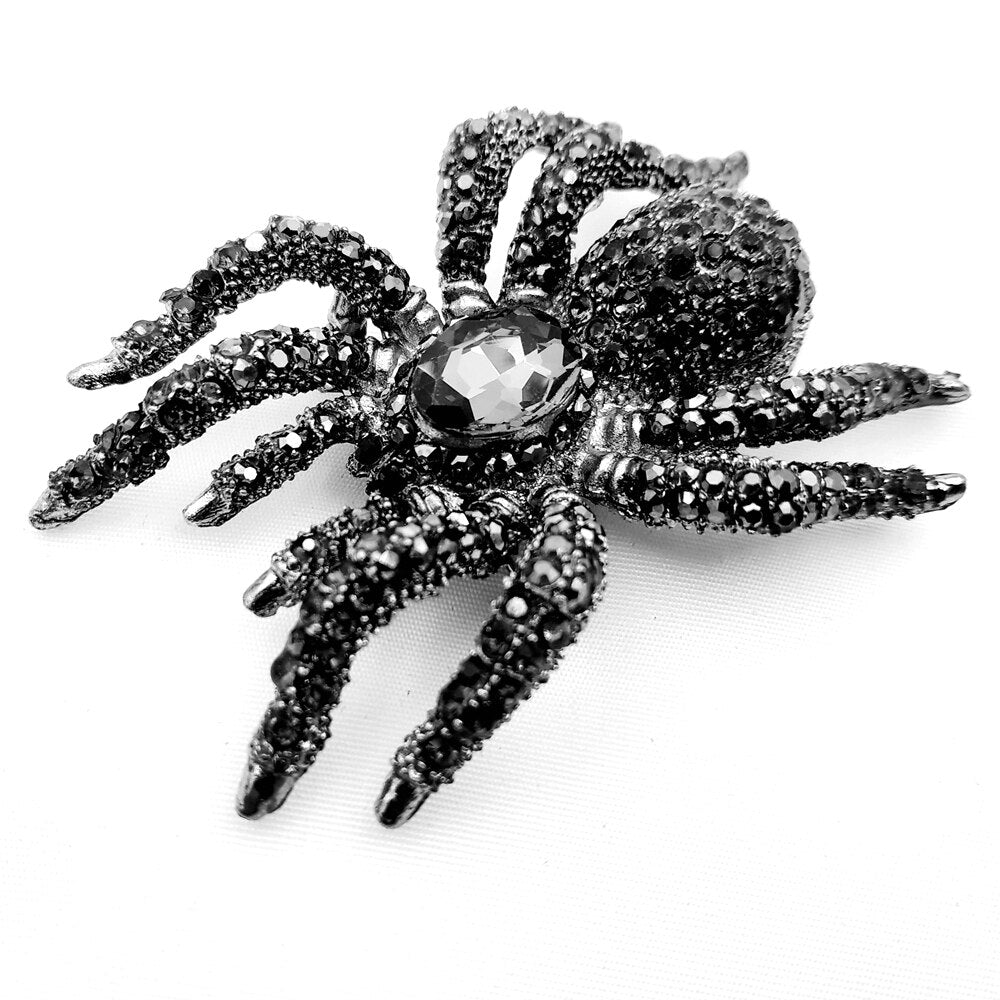 Vintage Statement 10-Legged Large Black Crystal Rhinestone Spider Brooches Huge Dangerous Bug Pin for Halloween Party Jewelry