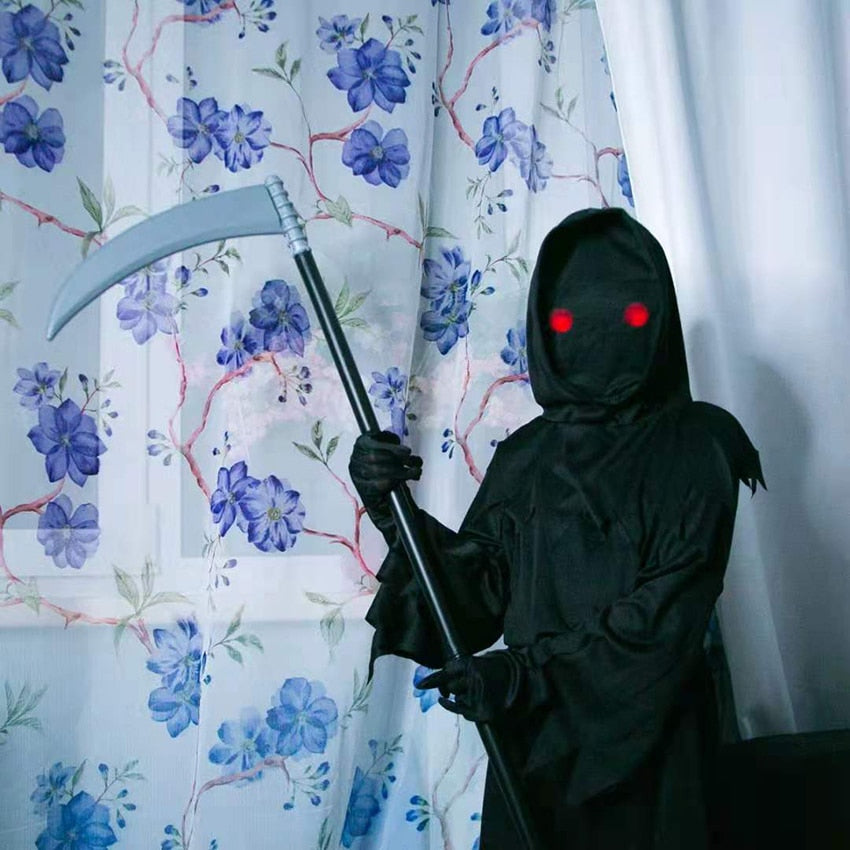 Grim Reaper Costumes Terror Luminous Eyes Death Hook Sickle Boys Cosplay Anime Children Halloween Costume for Kids Carnival Prop