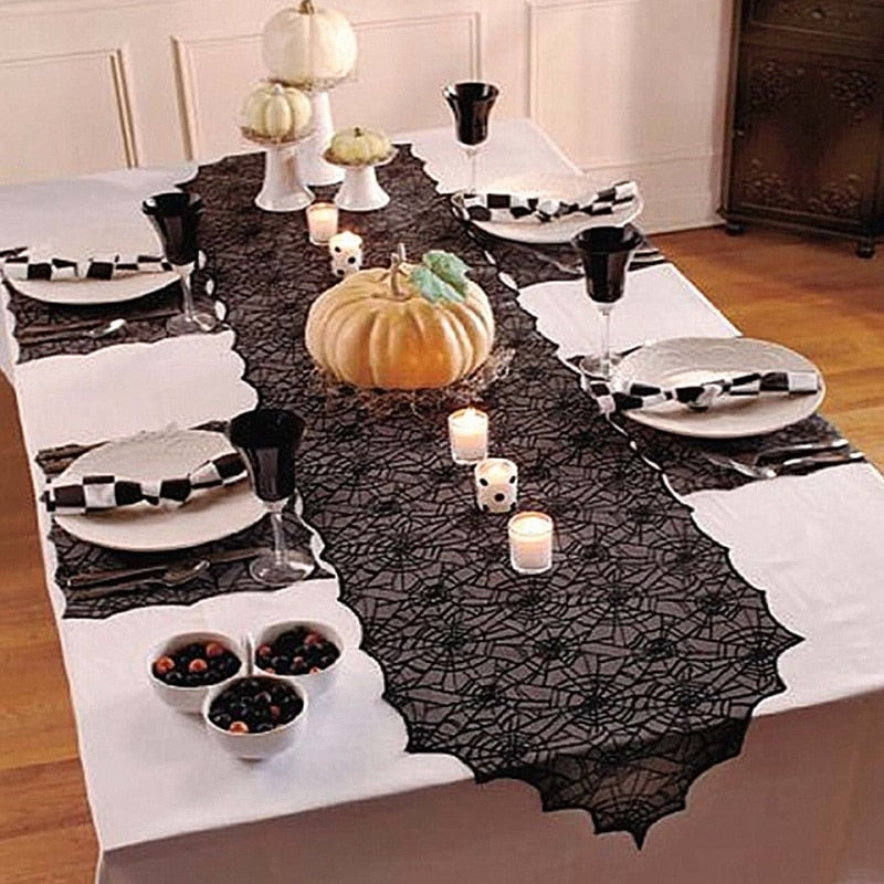 Halloween Decoration Lace Spider Web Skeleton Skull Tablecloth Black Fireplace Mantel Scarf Event Party Decoration Supplies