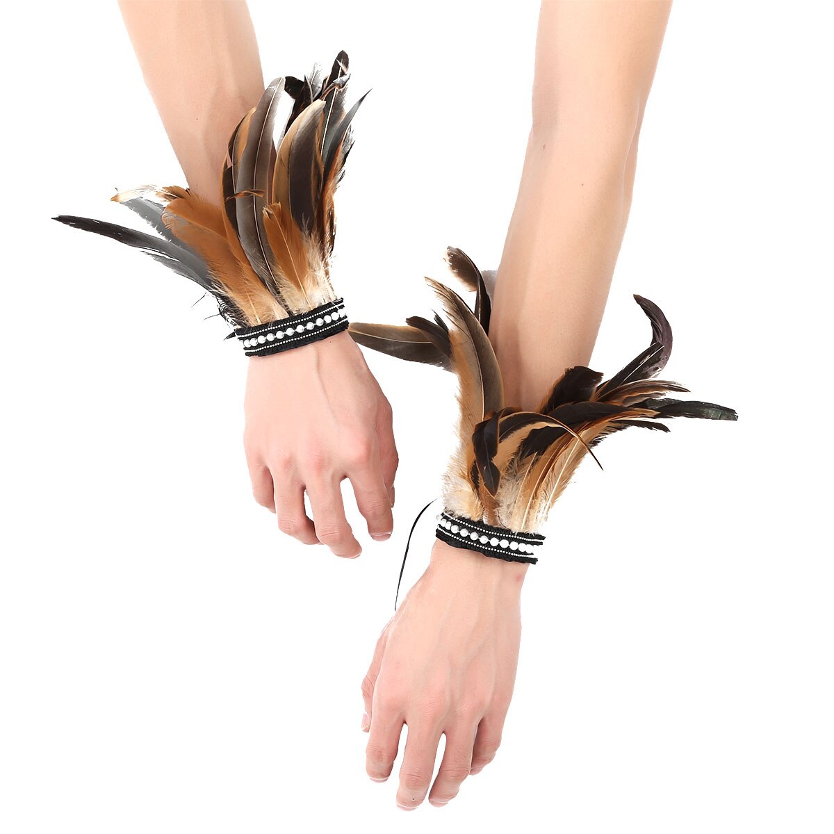 MSemis 1 Pair Feather Wrist Cuffs  Faux Pearl/Lace Real Decor Natural Dyed Rooster Feather Arm Cuffs Halloween Party Costume