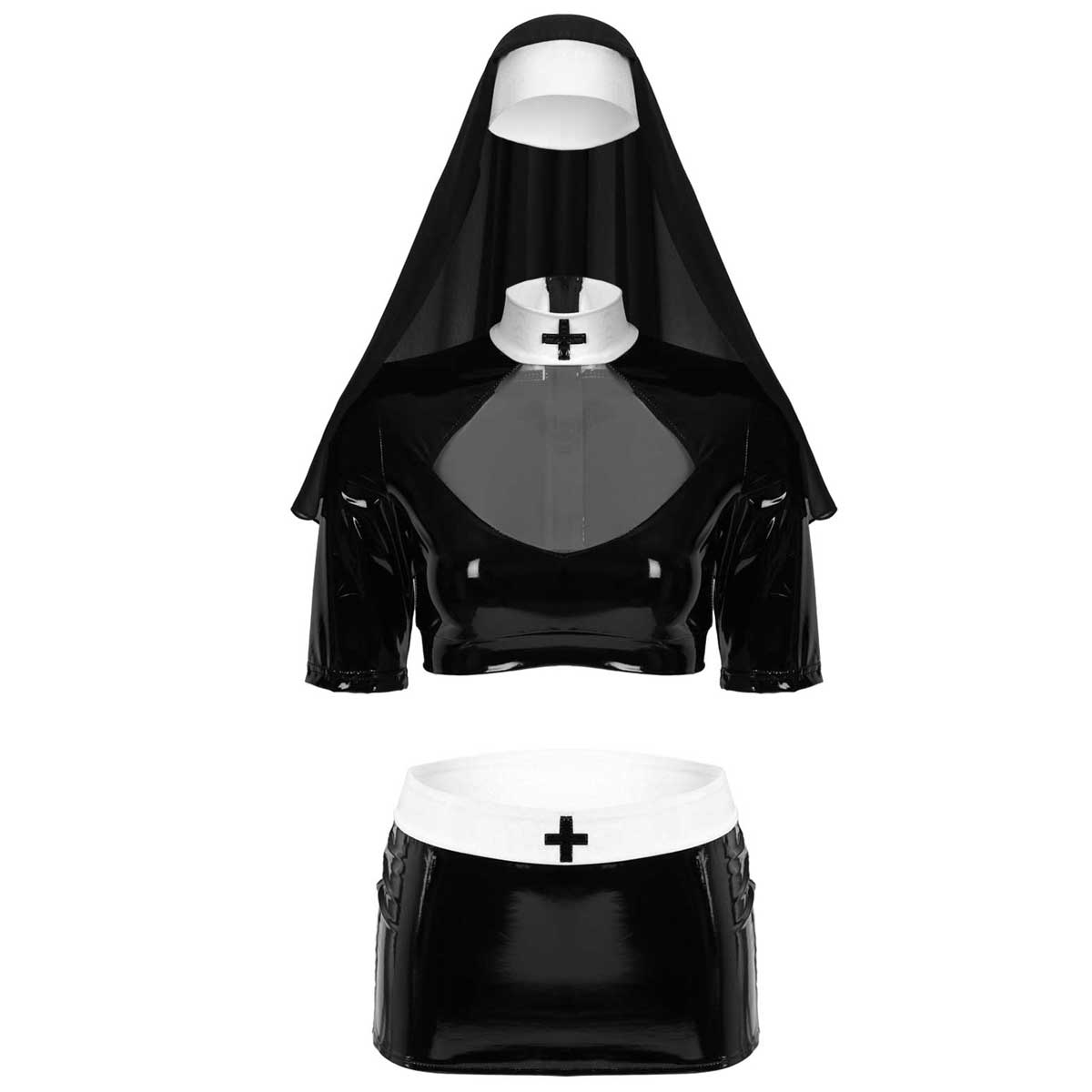 ChicTry Women Adults Sexy Naughty Nun Cosplay Costumes Halloween Roleplay Outfit Crop Top with Mini Bodycon Skirt and Headpiece