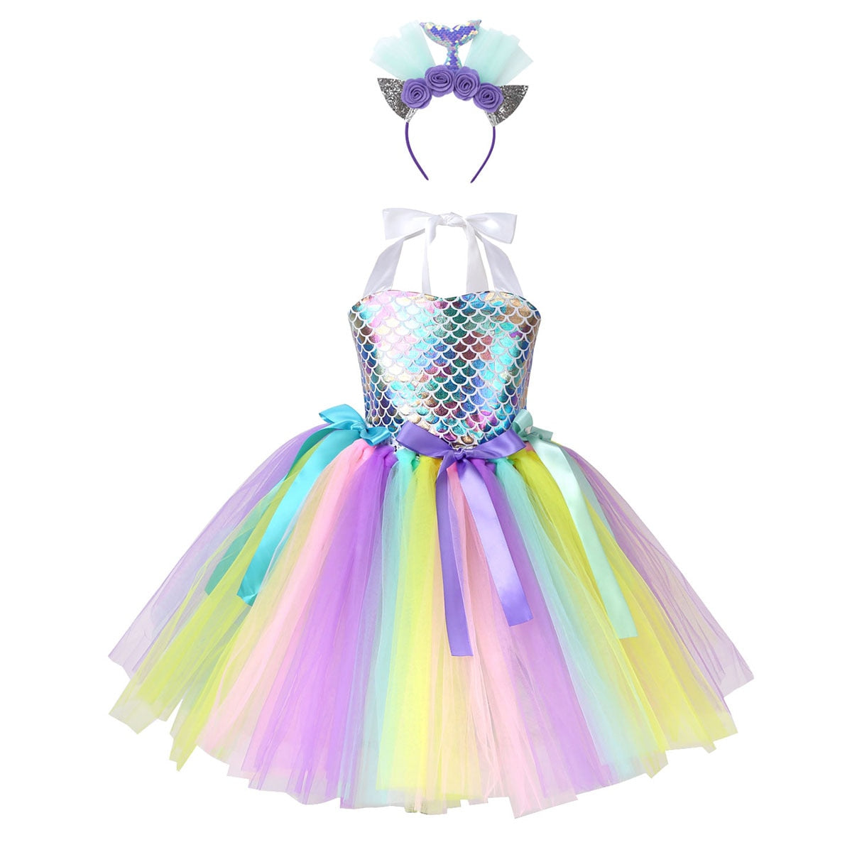 Kids Girls Mermaid Costume Outfit Halter Neck Fish Scales Printed Mesh Tutu Dress with Hair Hoop for Halloween Carnival Cosplay