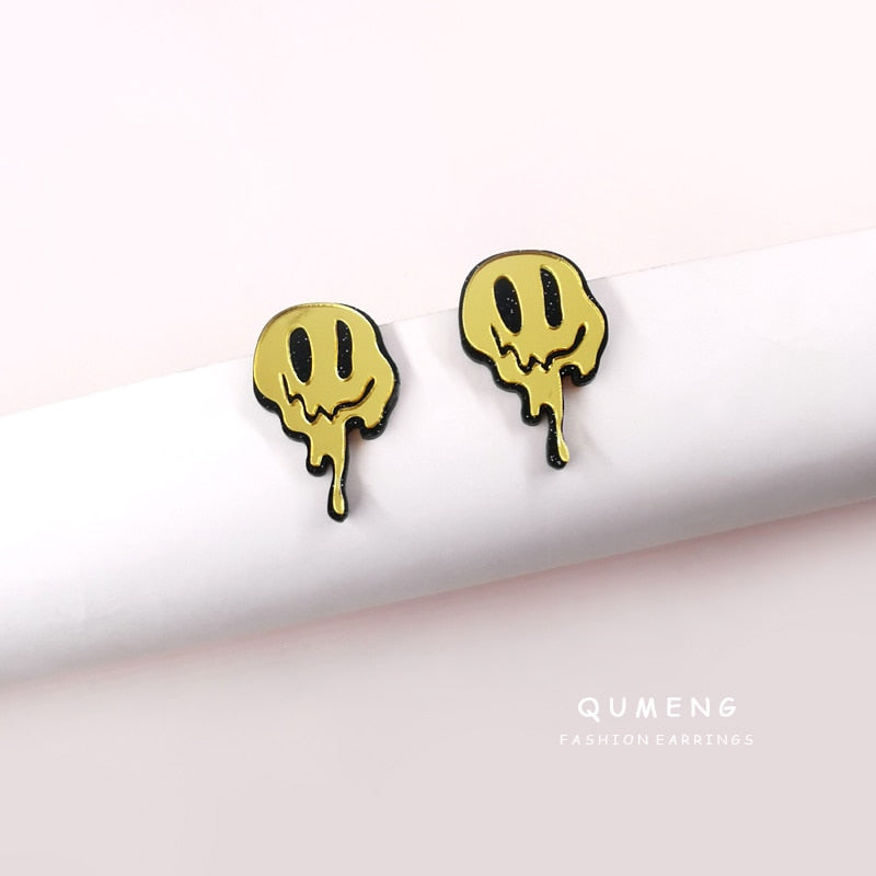 QUMENG Fashion Funny Cute Ghost Smiley Face Mirror Acrylic Stud Earrings Female New Design Personality Halloween Accessories