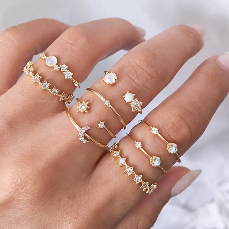 IPARAM Bohemian Vintage Crystal Geometric Joint Ring Set for Women Star Moon Personality Design Ring Set Party Jewelry Gift