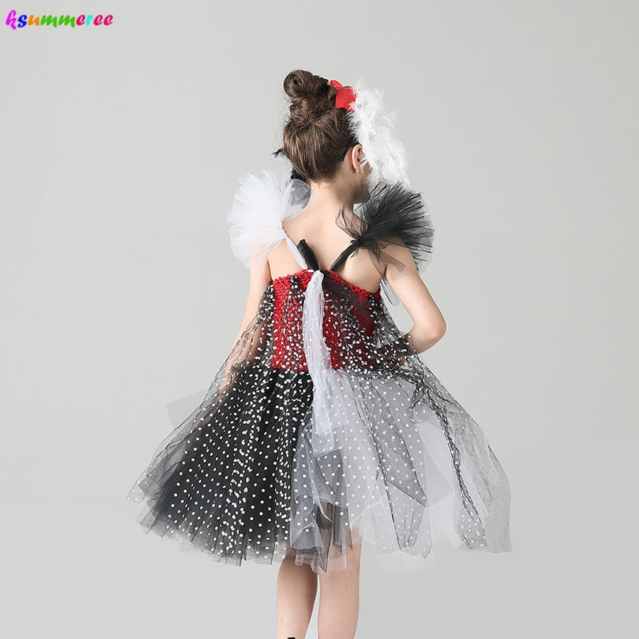 Evil Madame Cruella De Ville Kids Tutu Costume Dalmatians Girls Halloween Fancy Tutu Dress with Headband Polka Dot Girl Outfit