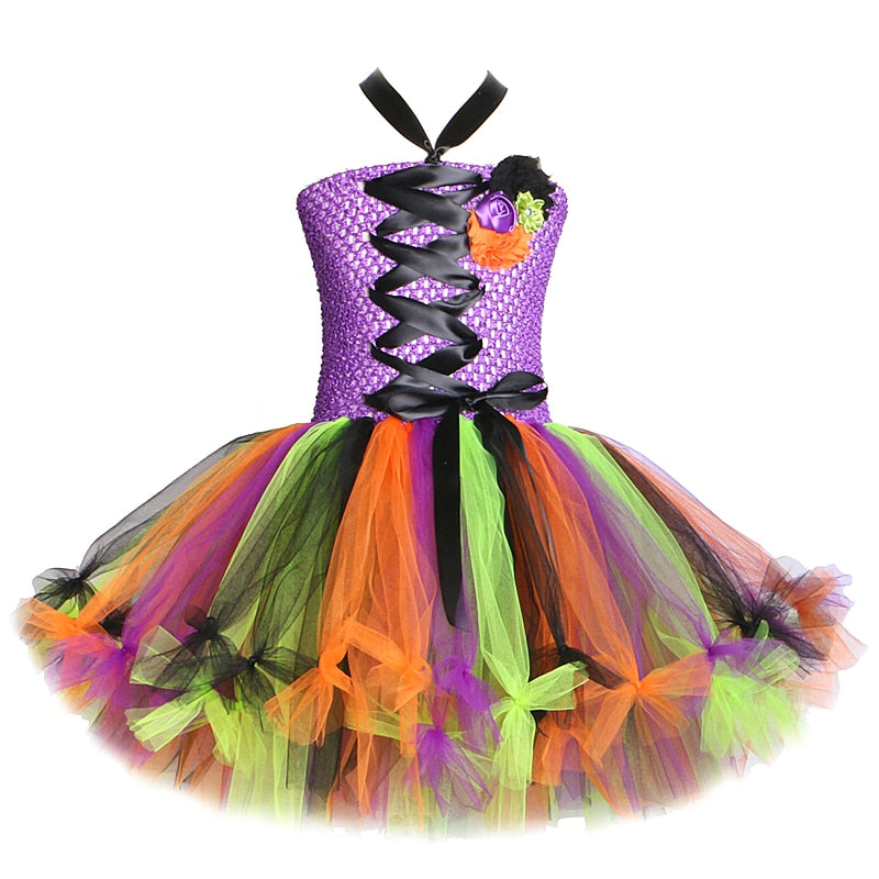 Witch Halloween Costumes for Girls Kids Sorceress Tutu Dress with Hat Children Cosplay Dresses for Carnival Party Colorful Tutus