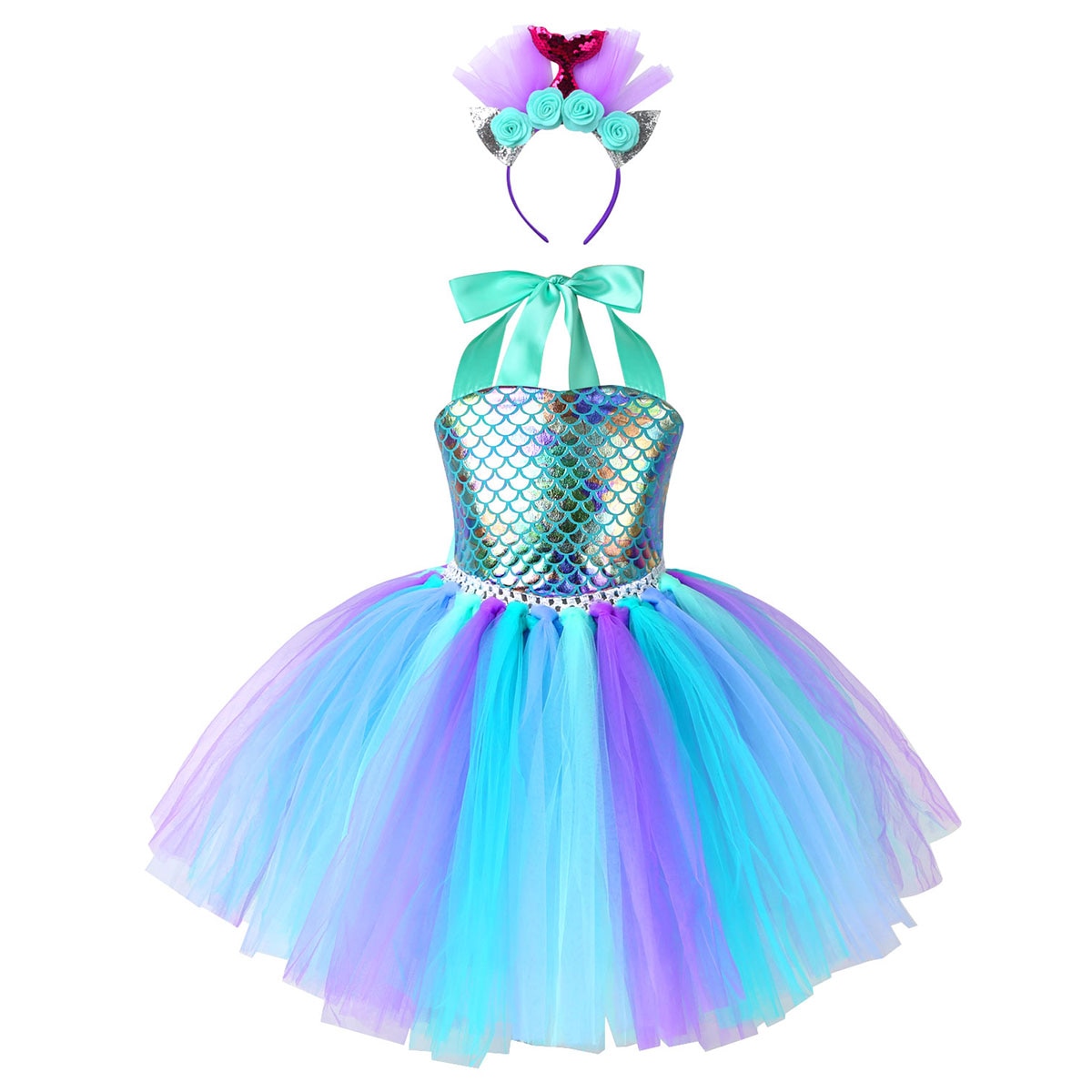 Kids Girls Mermaid Costume Outfit Halter Neck Fish Scales Printed Mesh Tutu Dress with Hair Hoop for Halloween Carnival Cosplay