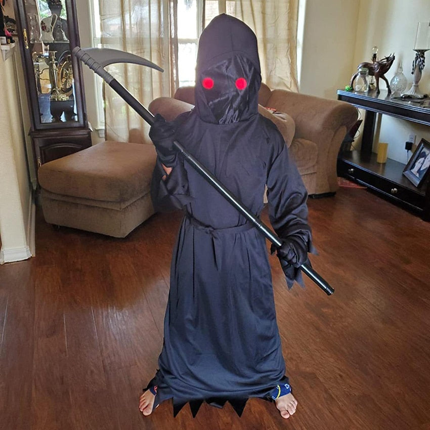 Grim Reaper Costumes Terror Luminous Eyes Death Hook Sickle Boys Cosplay Anime Children Halloween Costume for Kids Carnival Prop