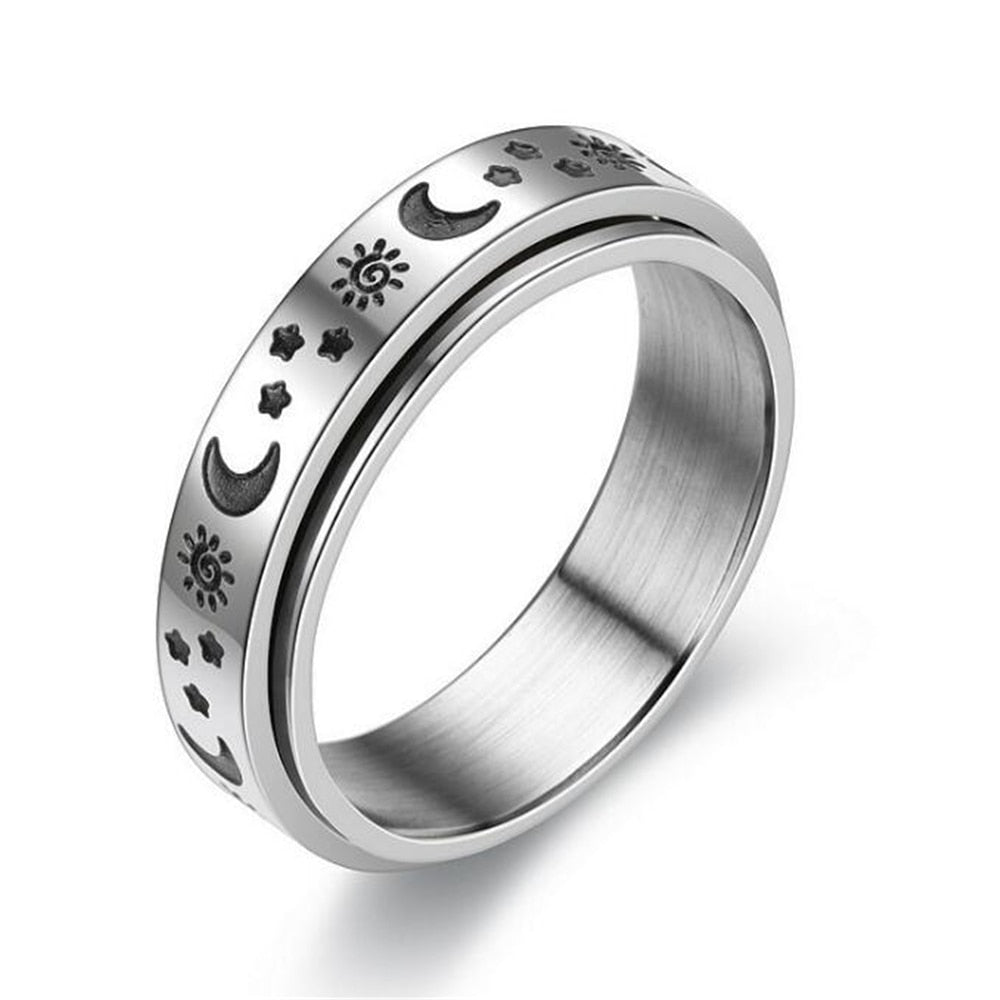 Stainless Steel Spinner Ring for Women Mens Fidget Band Rings Moon Star Celtic Stress Relieving Wide Wedding Anxiety Rings