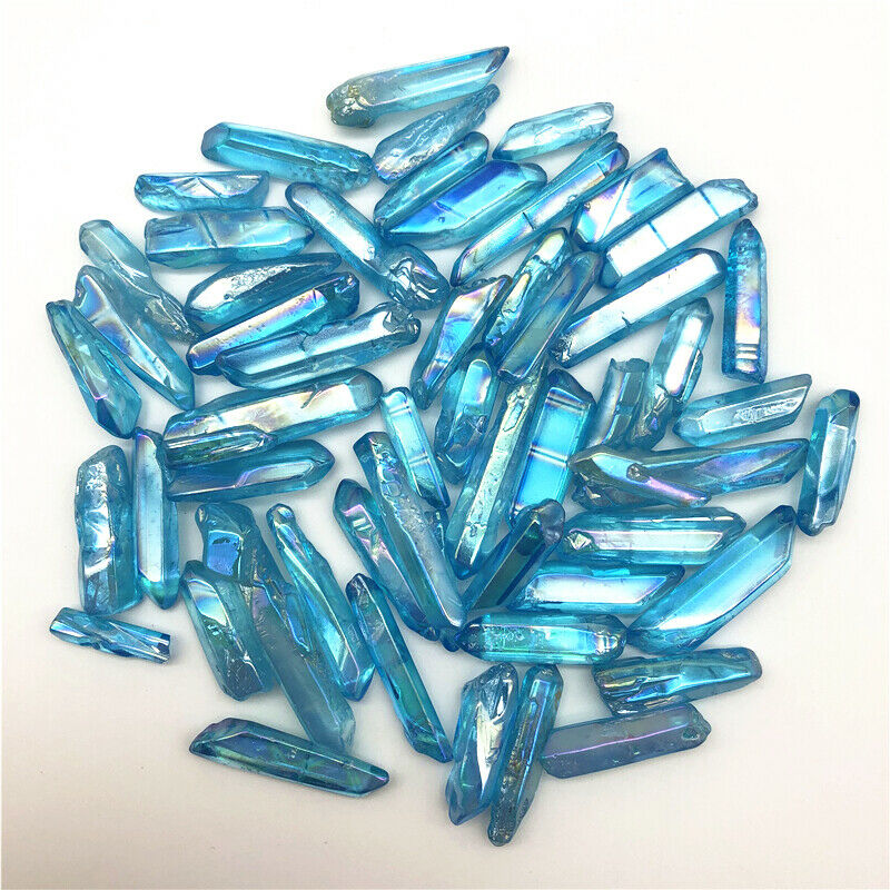 Wholesale 50g Electroplated Light Blue Titanium Aura Lemurian Seed Quartz Crystal Point Stones Specimen Natural Quartz Crystals