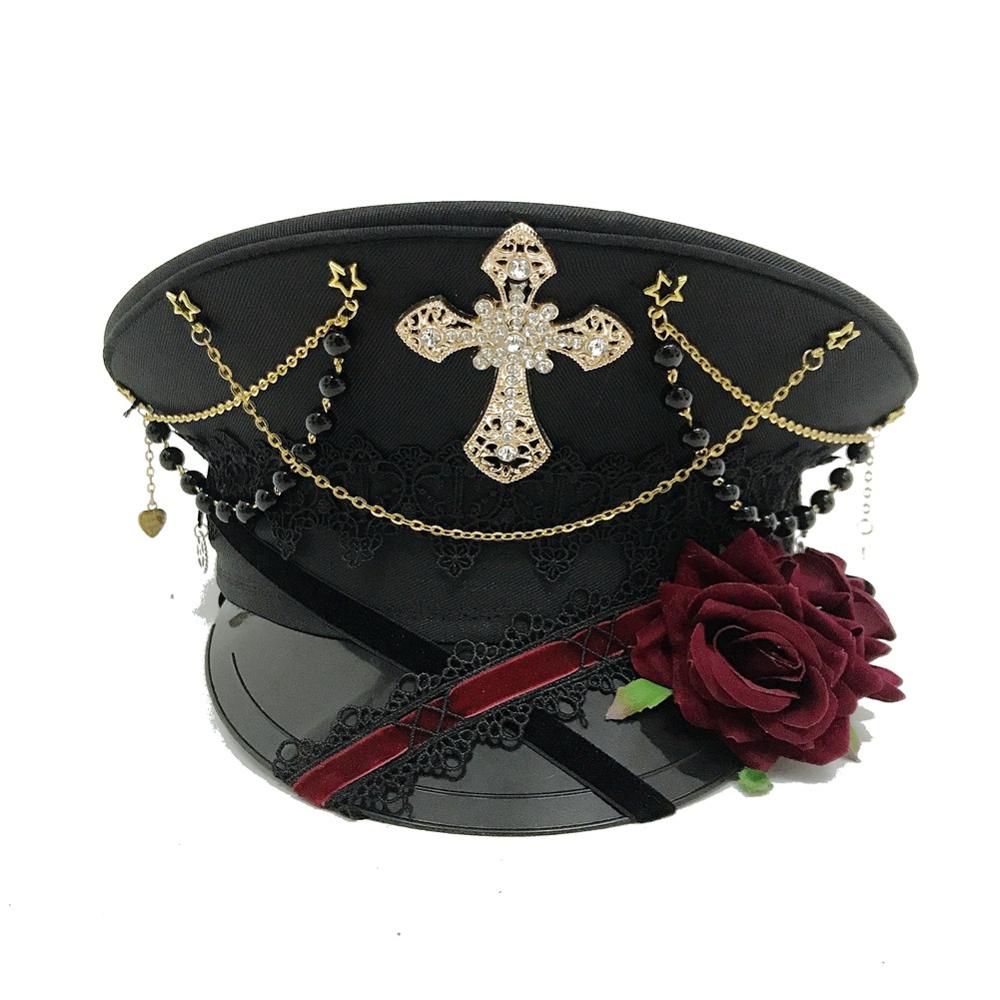 Black Cross Gothic Lolita Military Hat Cap for Women Female Sailor Captain Flat Steampunk Carnival Halloween Hair Accessories