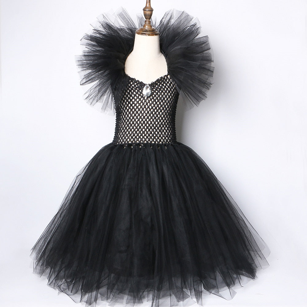 Solid Black Maleficent Halloween Costumes Girls Kids Witch Long Tutu Dress Ankle Ball Gown Devil Cosplay Outfit with Horns Wings