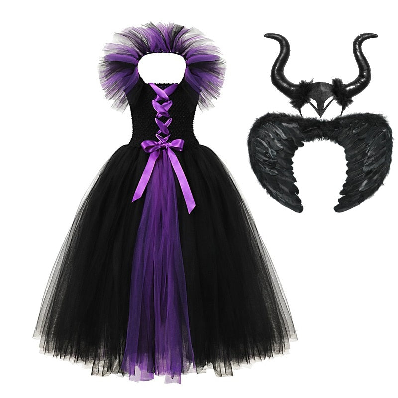 VOGUEON Girl Witch 2 Tutu Dress with Horns Halloween Evil Queen Fairy Costume for Girls Kids Party Dress Children Clothes 2-12T