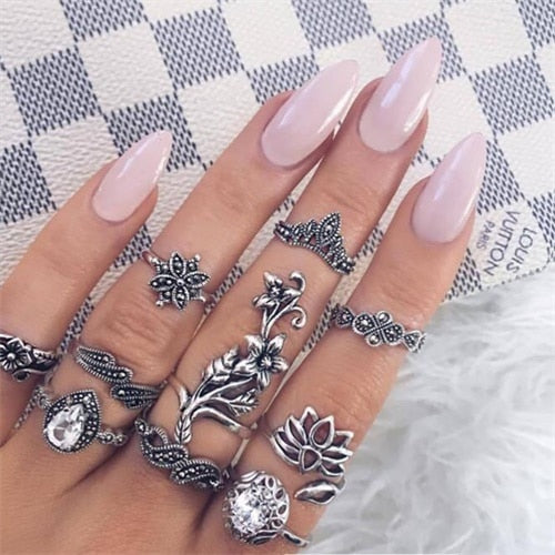 IPARAM Bohemian Vintage Crystal Geometric Joint Ring Set for Women Star Moon Personality Design Ring Set Party Jewelry Gift