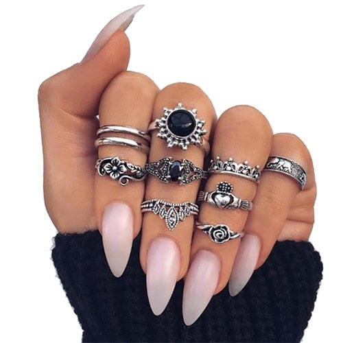 IPARAM Bohemian Vintage Crystal Geometric Joint Ring Set for Women Star Moon Personality Design Ring Set Party Jewelry Gift