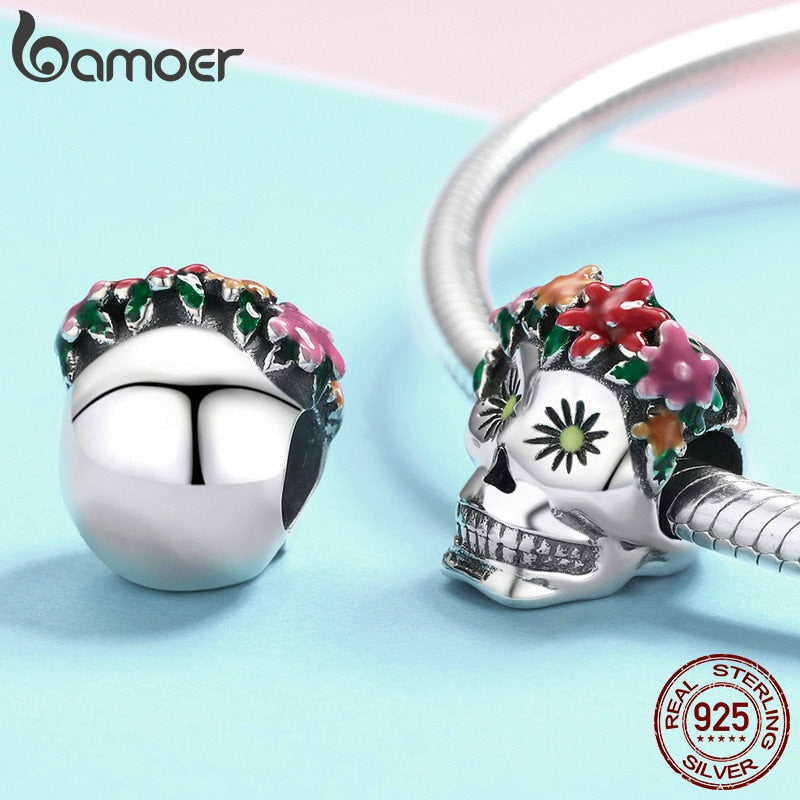 BAMOER Halloween Collection 925 Sterling Silver Flower Skull Charms Colorful Enamel Beads fit Women Bracelets DIY Jewelry SCC888