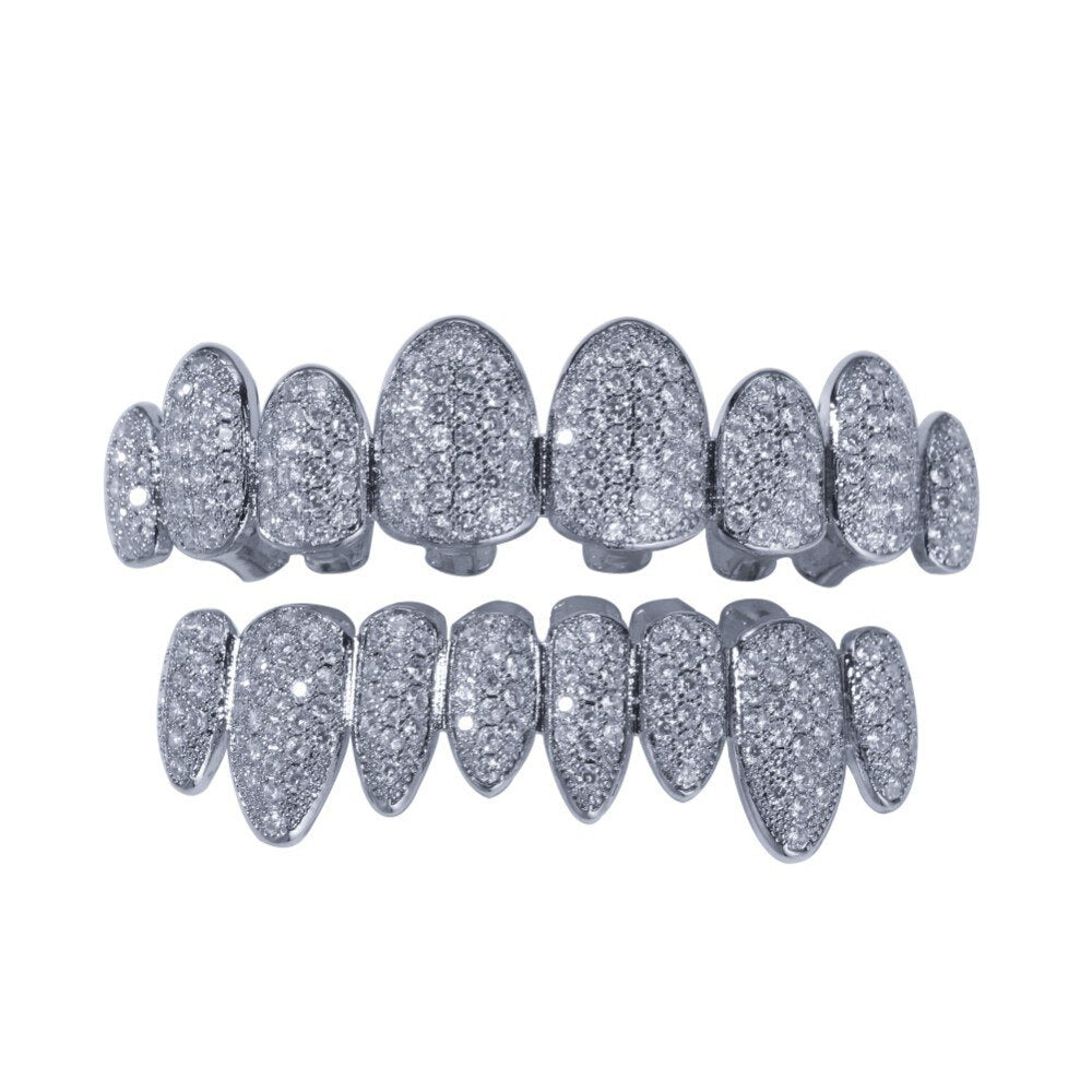 UWIN Cubic Zirconia Grills Set Silver Color Teeth Grills Hiphop Halloween Iced Out Top&Bottom Dental Grills Body Jewelry