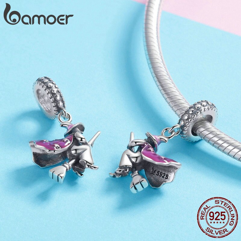 BAMOER Authentic 100% 925 Sterling Silver Magic Witch Pendant Charms fit for Women Bracelets DIY Jewelry Halloween Gift SCC914