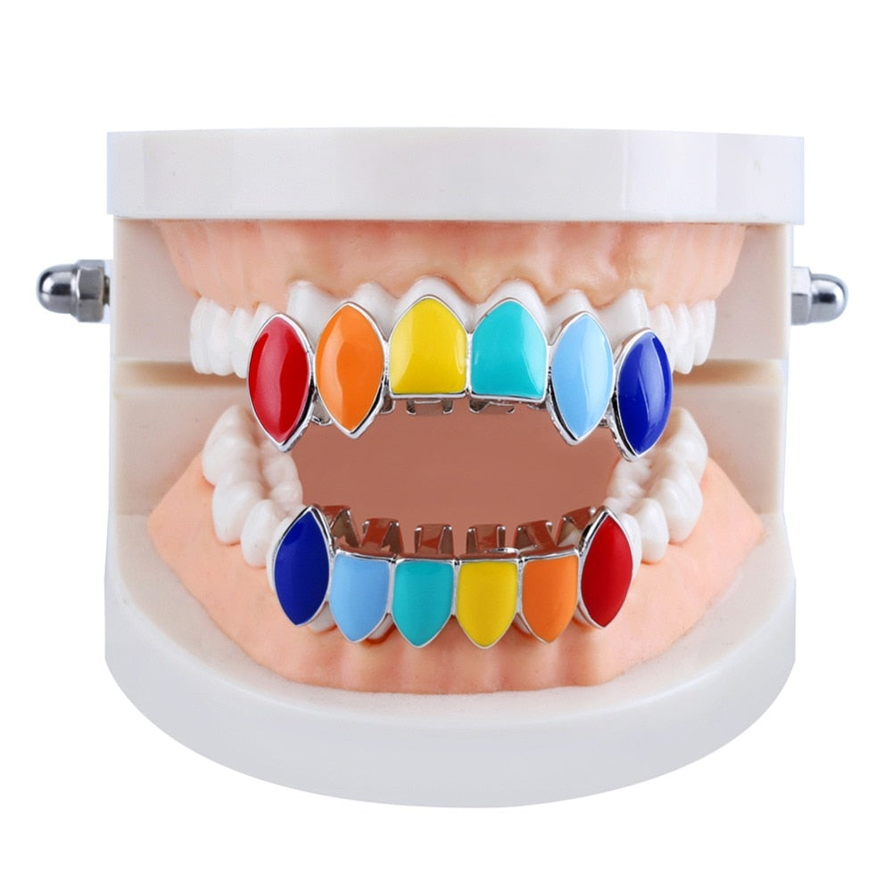 TOPGRILLZ Hip Hop Gold Tekashi69  Rainbow Teeth Grillz Top&Bottom Colorful Grills Dental Halloween Vampire Teeth