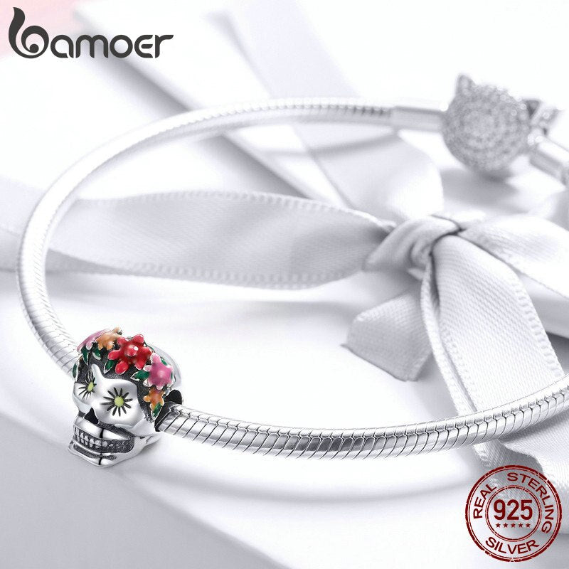 BAMOER Halloween Collection 925 Sterling Silver Flower Skull Charms Colorful Enamel Beads fit Women Bracelets DIY Jewelry SCC888