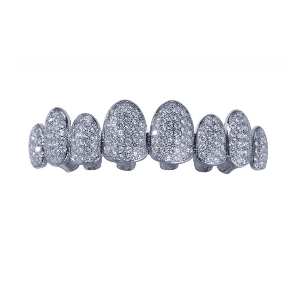 UWIN Cubic Zirconia Grills Set Silver Color Teeth Grills Hiphop Halloween Iced Out Top&Bottom Dental Grills Body Jewelry