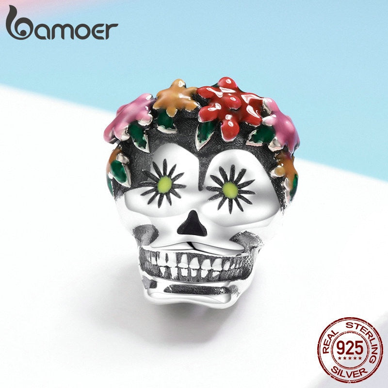 BAMOER Halloween Collection 925 Sterling Silver Flower Skull Charms Colorful Enamel Beads fit Women Bracelets DIY Jewelry SCC888