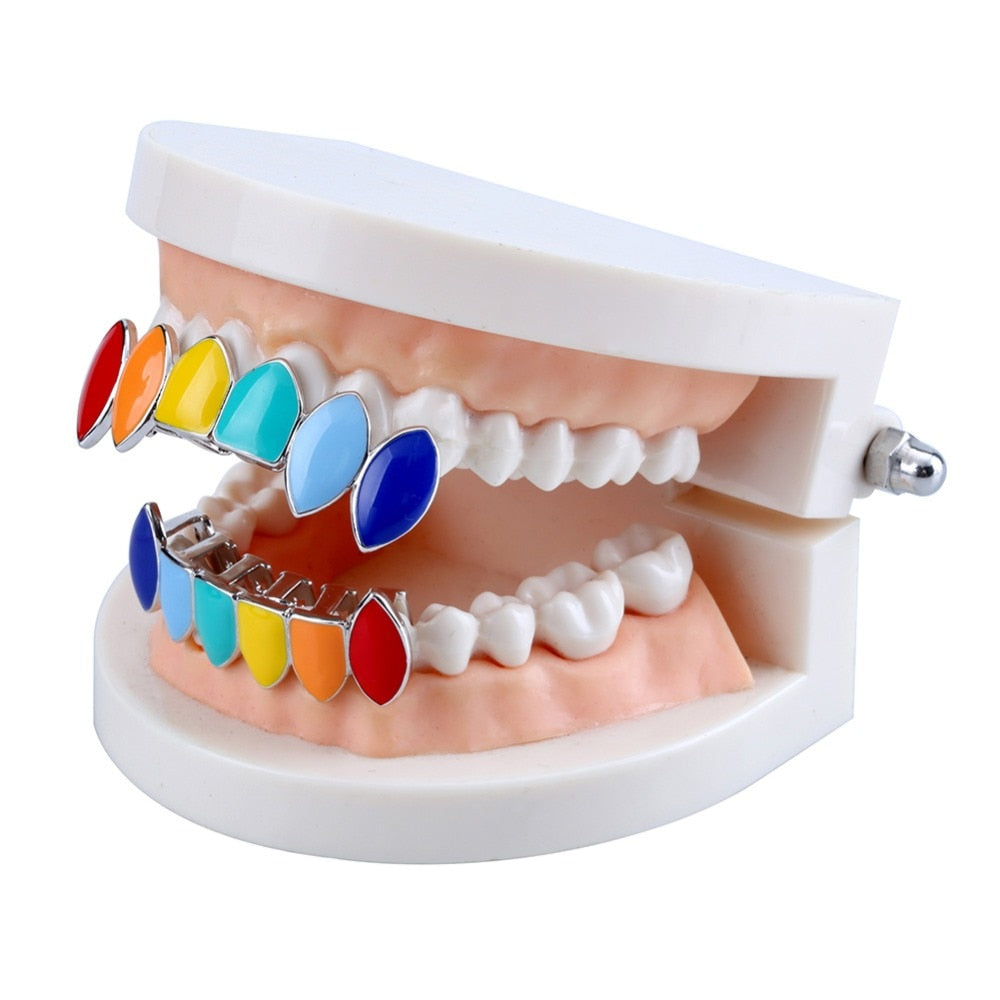 TOPGRILLZ Hip Hop Gold Tekashi69  Rainbow Teeth Grillz Top&Bottom Colorful Grills Dental Halloween Vampire Teeth