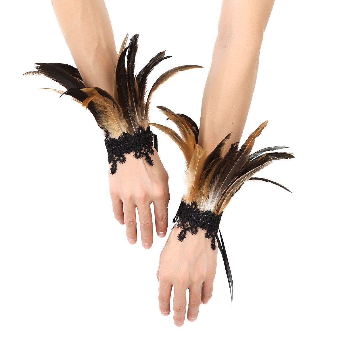 MSemis 1 Pair Feather Wrist Cuffs  Faux Pearl/Lace Real Decor Natural Dyed Rooster Feather Arm Cuffs Halloween Party Costume