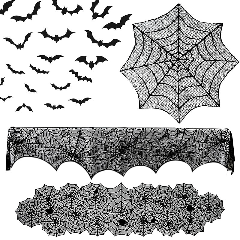 Halloween Decoration Lace Spider Web Skeleton Skull Tablecloth Black Fireplace Mantel Scarf Event Party Decoration Supplies