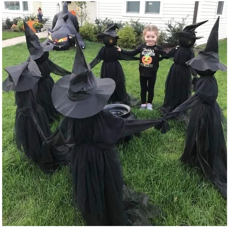 Light-Up Witches with Stakes Halloween Decorations Outdoor Holding Hands Screaming Witches Sound Activated Sensor Decor Dropship