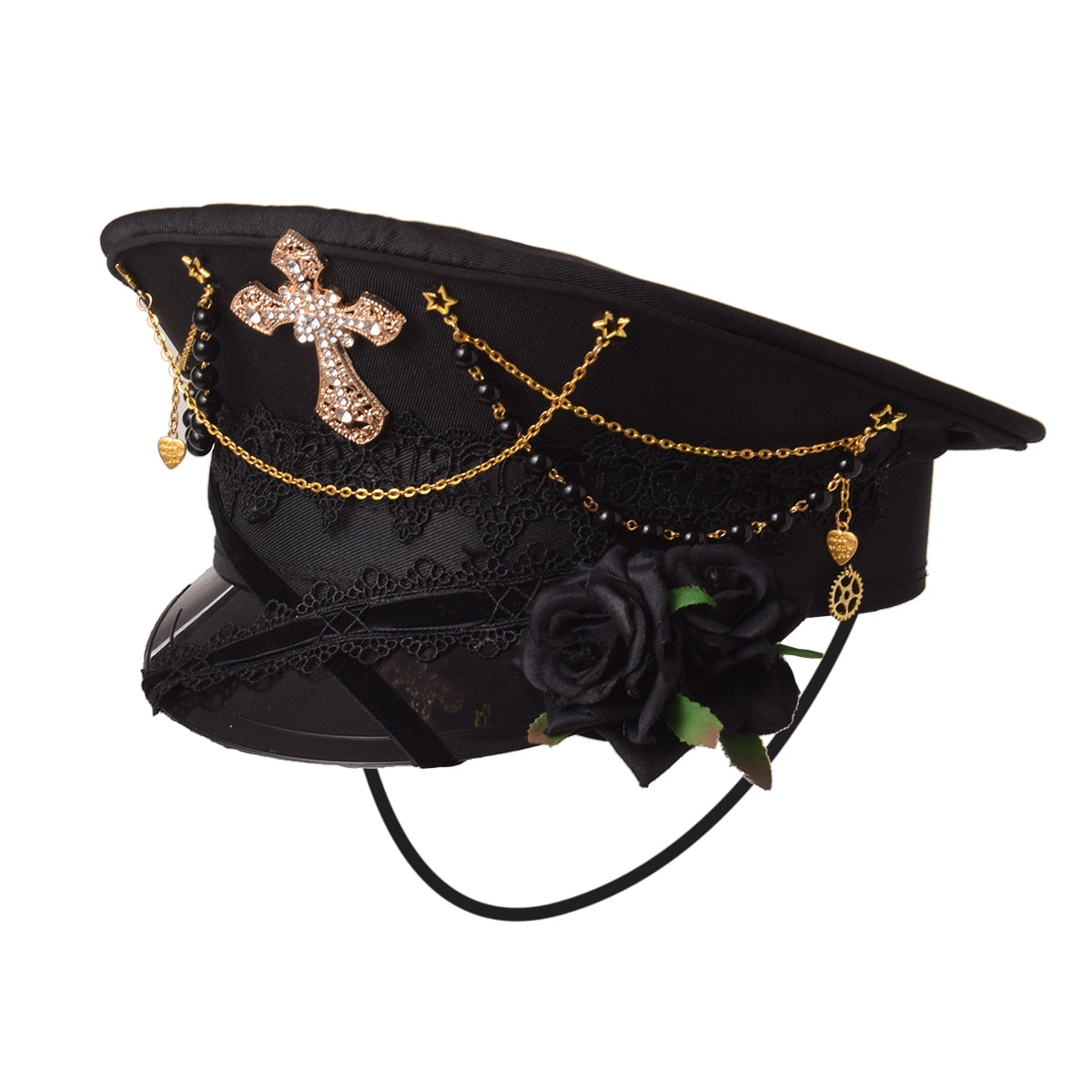 Black Cross Gothic Lolita Military Hat Cap for Women Female Sailor Captain Flat Steampunk Carnival Halloween Hair Accessories