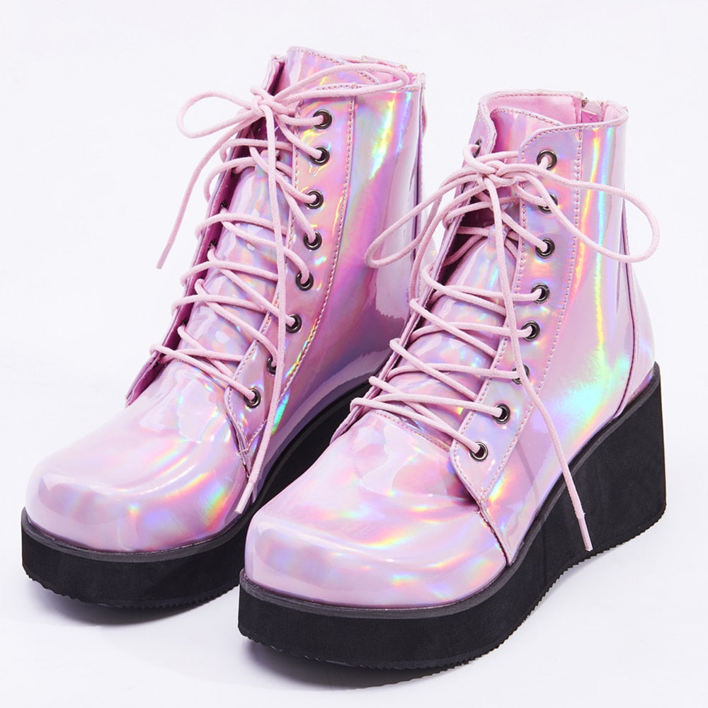 JIALUOWEI New Style Unisex's Shoes Punk Wedge Heel 7cm Pink Holographic Leather Halloween Costumes Gothic Ankle boots