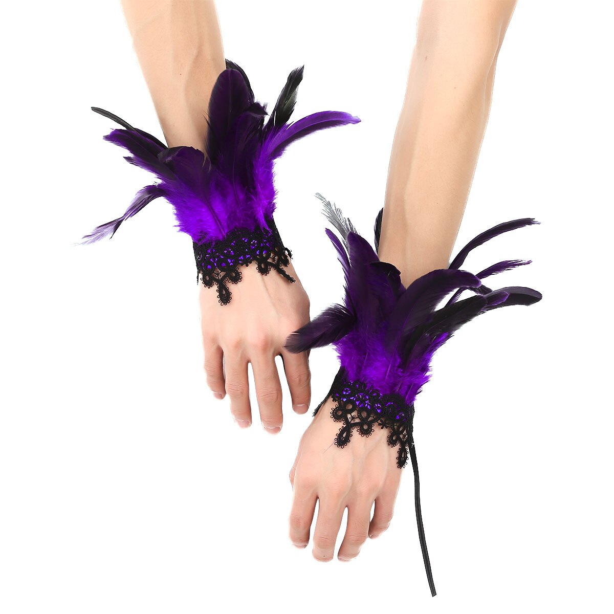 MSemis 1 Pair Feather Wrist Cuffs  Faux Pearl/Lace Real Decor Natural Dyed Rooster Feather Arm Cuffs Halloween Party Costume