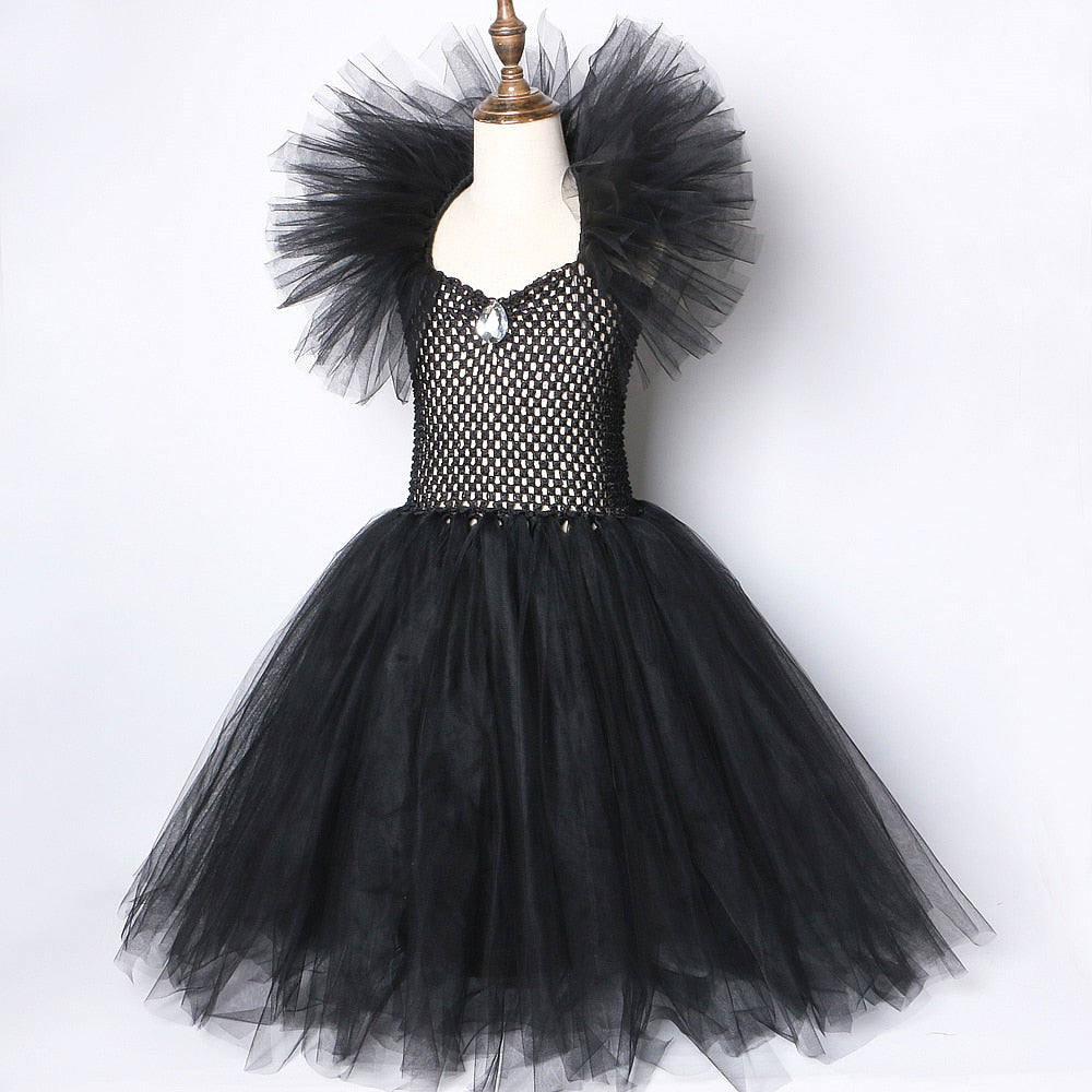 Solid Black Maleficent Halloween Costumes Girls Kids Witch Long Tutu Dress Ankle Ball Gown Devil Cosplay Outfit with Horns Wings